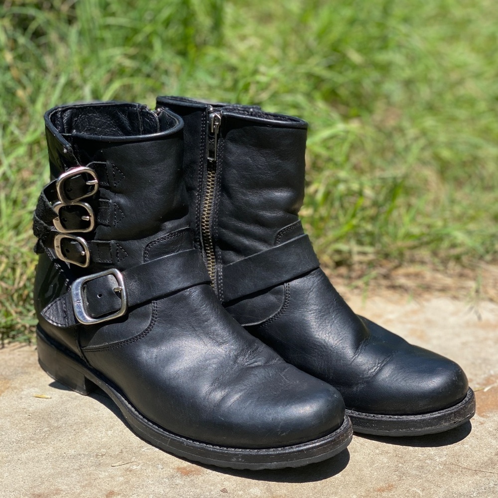 Frye Ray moto boots ankle to mid calf size 7.5 harness triple buckle